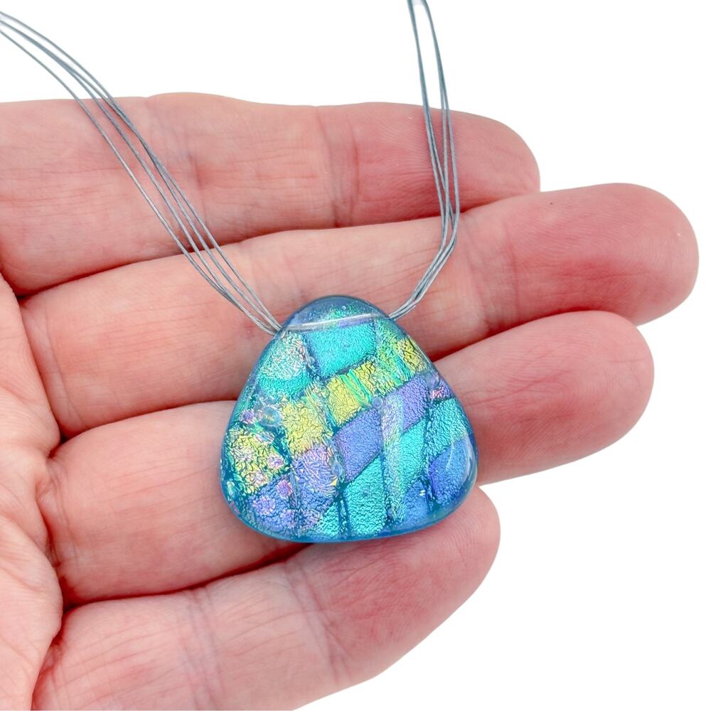 Vintage Sterling Silver 925 Blue Dichroic Glass Pendant  Necklace 16.5"